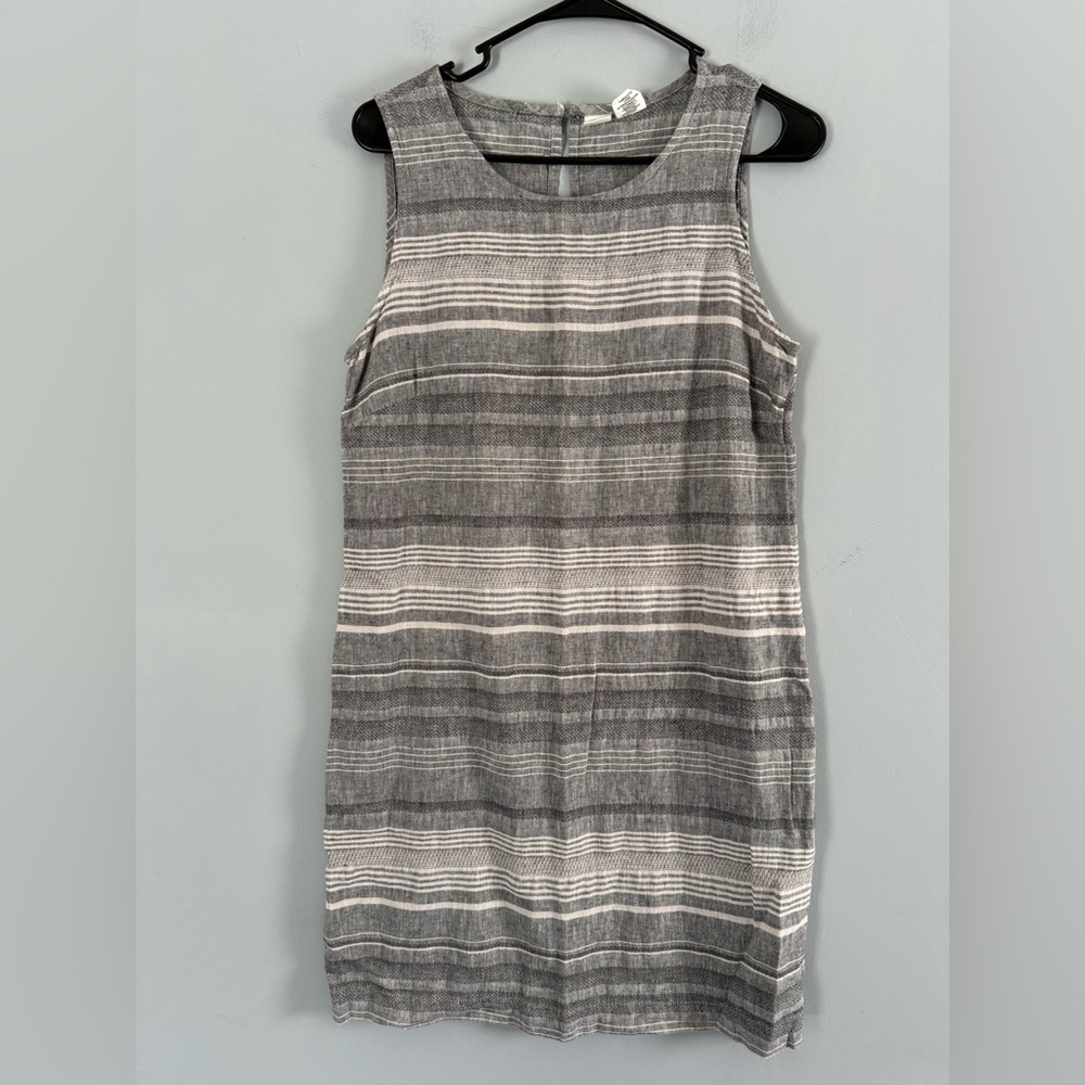 Artisan NY Linen Cotton Blend Grey Striped Shift Dress Size 6 Sleeveless Light